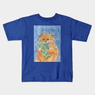 Cat Holding Fish Kids T-Shirt